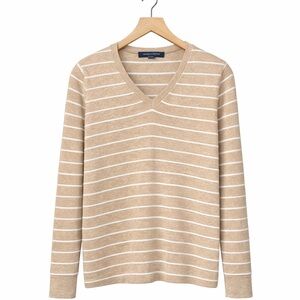 Tommy Hilfiger Women’s Tan and White V-Neck Sweater